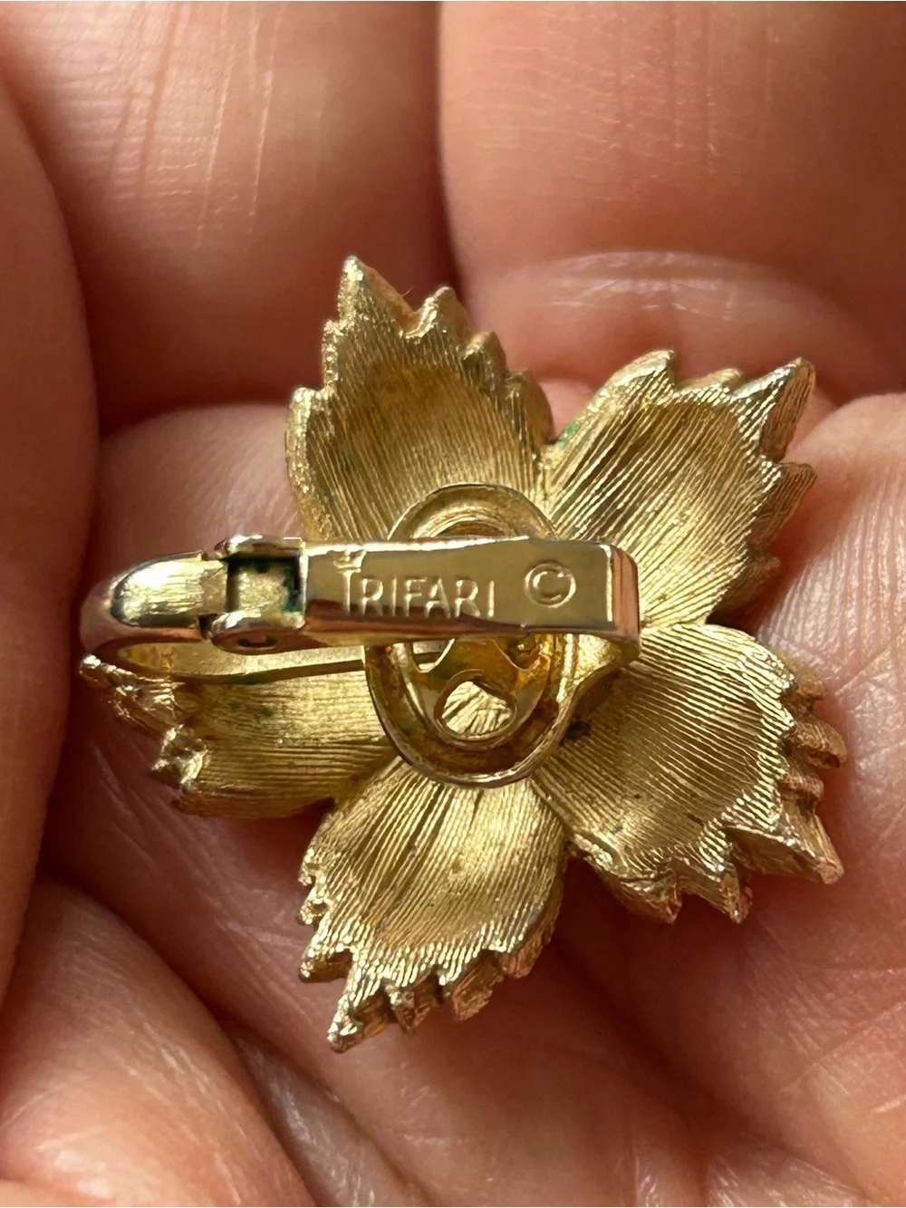 2 pairs of #CrownTrifari Clip-on Earrings. Gold-Tone Ribbed Domes and Florals.